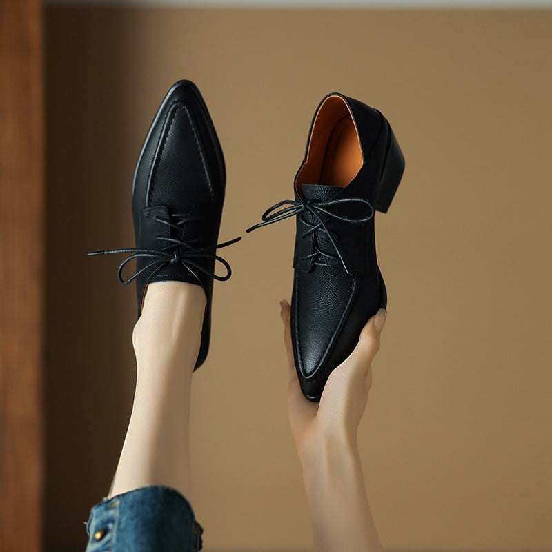 Women's Black Pointed-Toe Chunky Block Heel Lace-Up Dress Shoes - Image 5