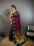 Dark Green Butti Banarasi Soft Silk Saree with unstitched blouse