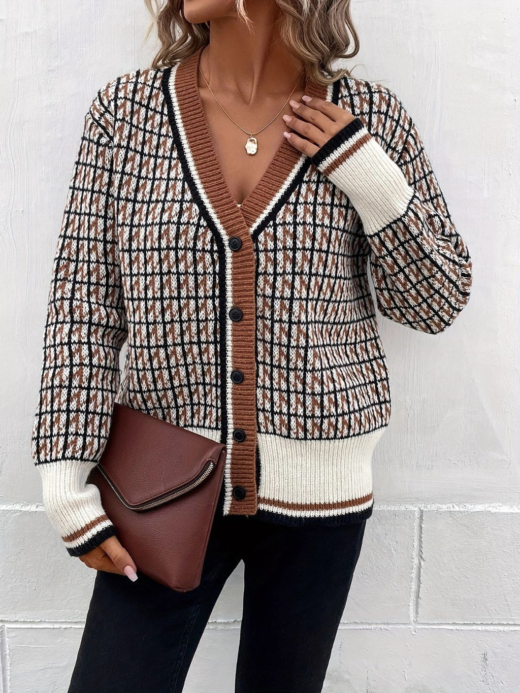 Women's Plaid V-Neck Button Up Knit Cardigan - Image 5