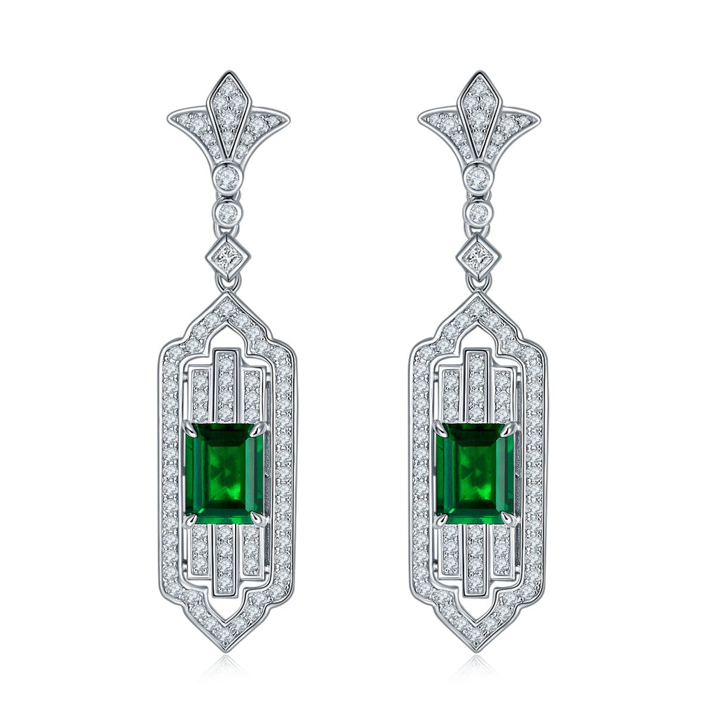 S925 Silver 11.3g Art Deco Lab-Created Emerald Drop Earrings, 3.65ct 9x7mm, Pair