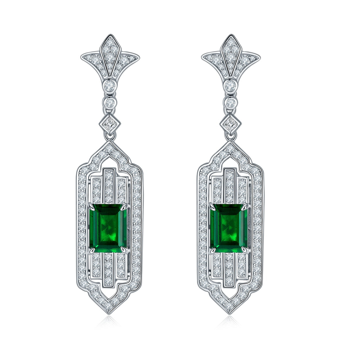 S925 Silver 11.3g Art Deco Lab-Created Emerald Drop Earrings, 3.65ct 9x7mm, Pair