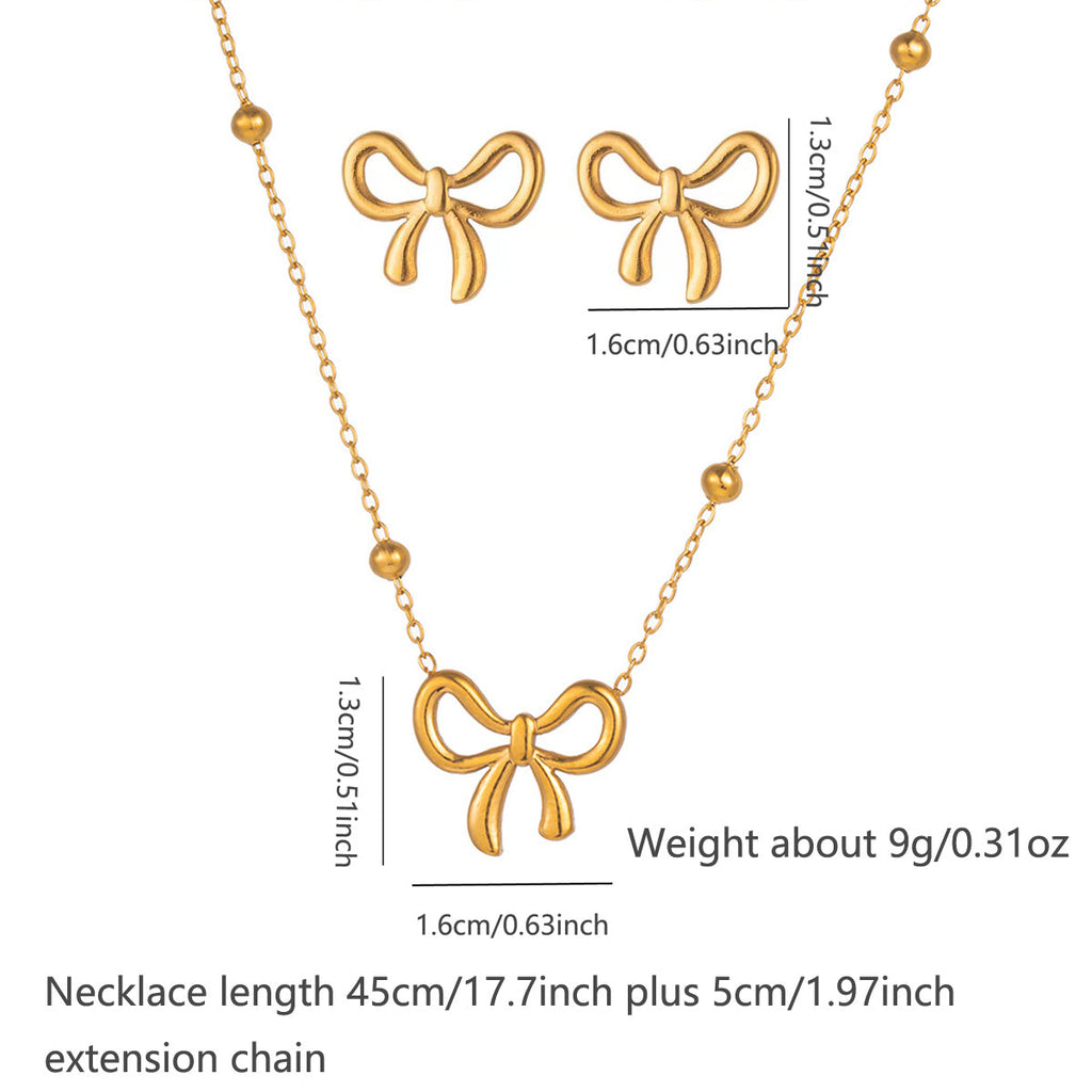 Stainless Steel Gold Tone Jewelry Set For Women Ball Station Chain 3D Bow Knot Pendant Necklace Bow Stud Earrings Sweet Cute Minimalist Fashion Dropshipping Jewelry Gift