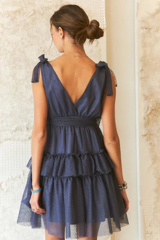 Polka Dot Mesh Tie Shoulder Dress for Retro Summer Style