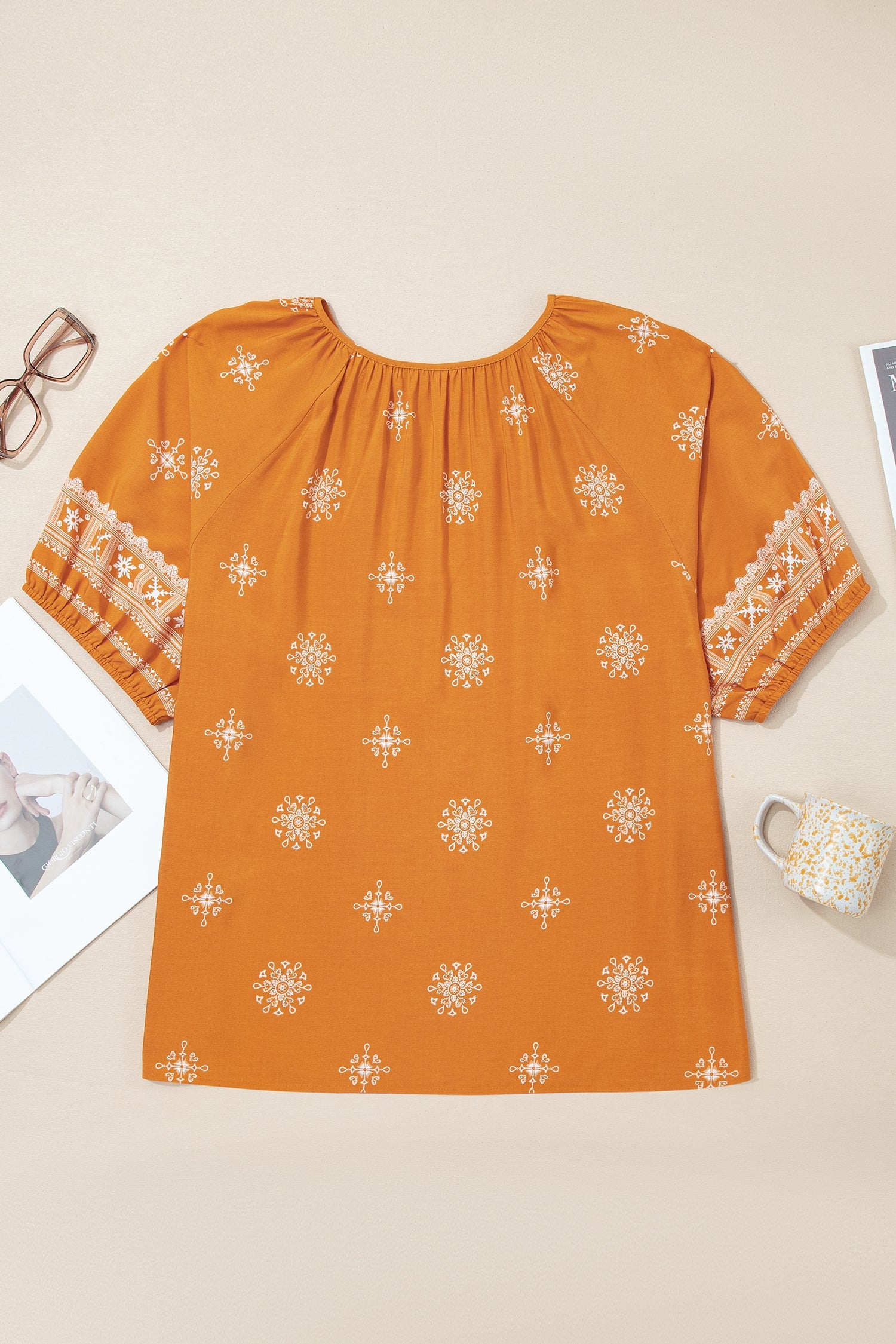 Yellow Boho Floral V-Neck Short Sleeve Top | Viscose