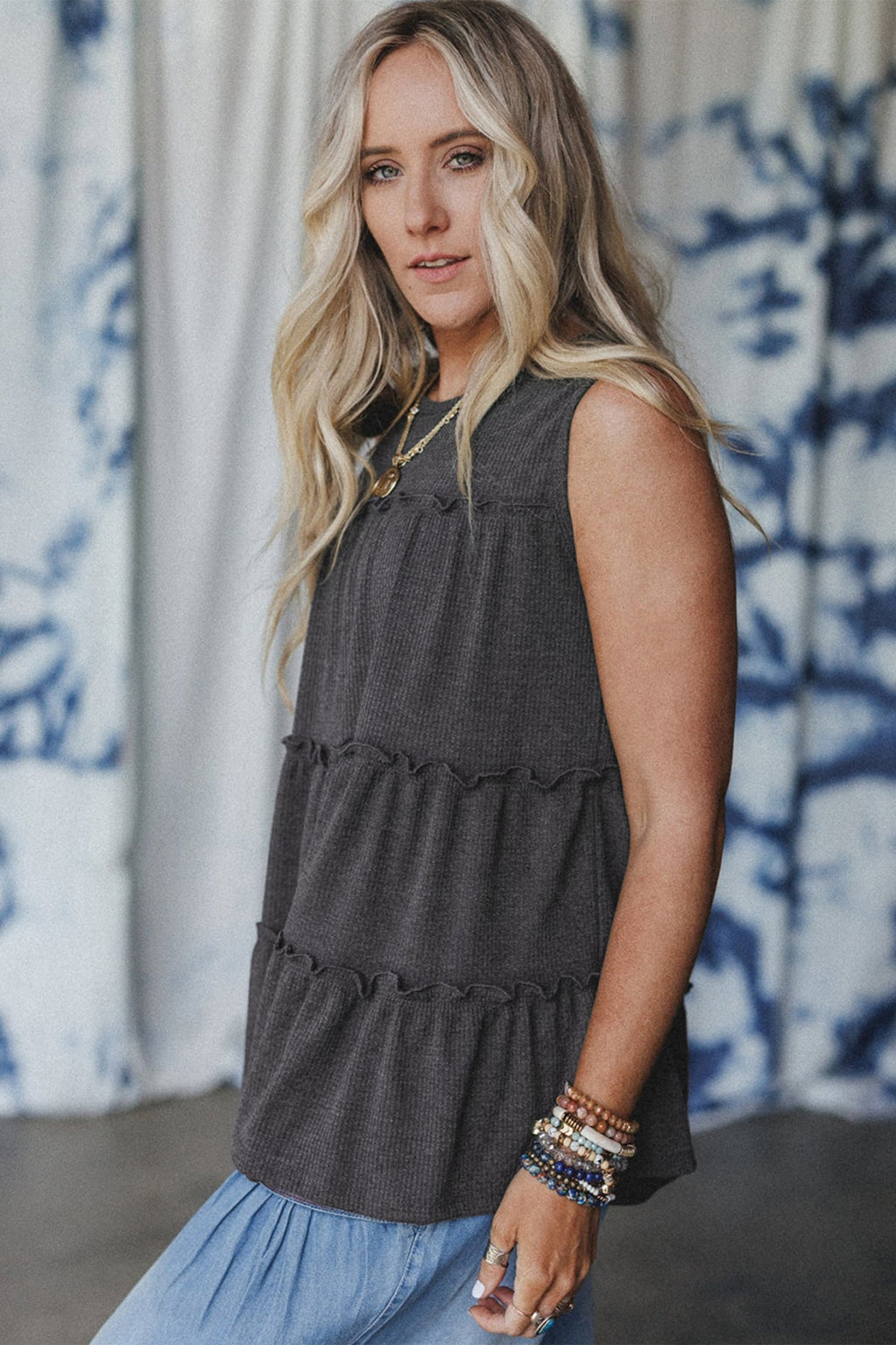 Dark Grey Tiered Frill Trim A-Line Tank Top