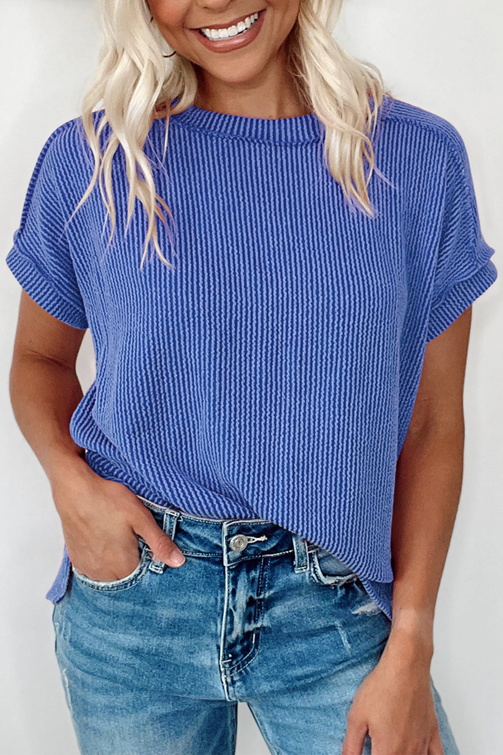 White Crinkle Rib Textured Knit Round Neck T-Shirt