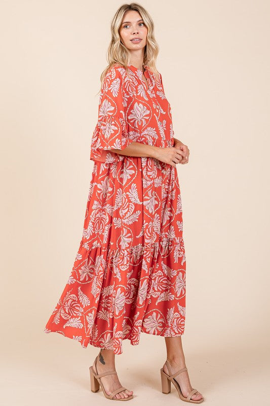 Abstract Leaf Print Tiered Ruffle Mini Dress