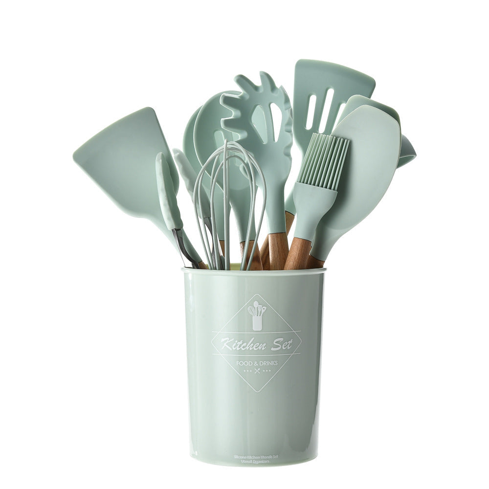 Aqua Storage Bucket with Wooden Handle Silicone Cookware Set