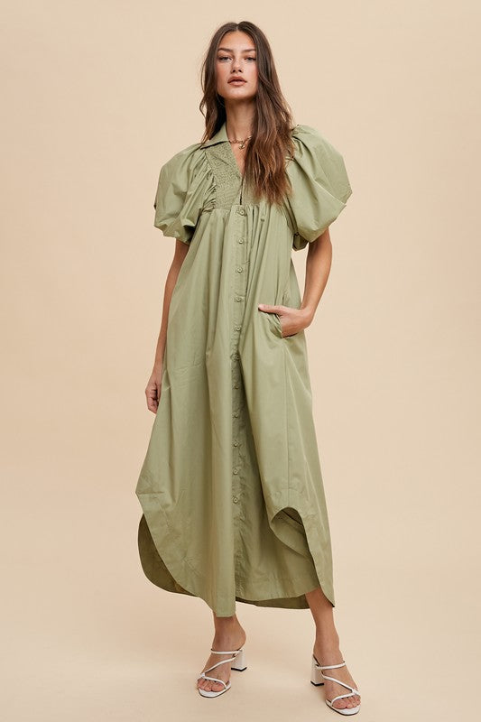Trendy smocked midi dress with puff sleeves and flattering bodice