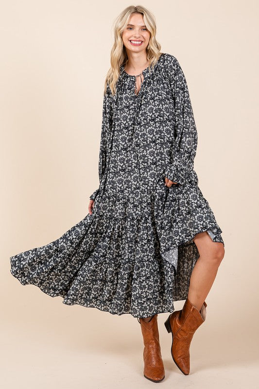 Printed Midi Dress with Tie Neck and Flounce Sleeves