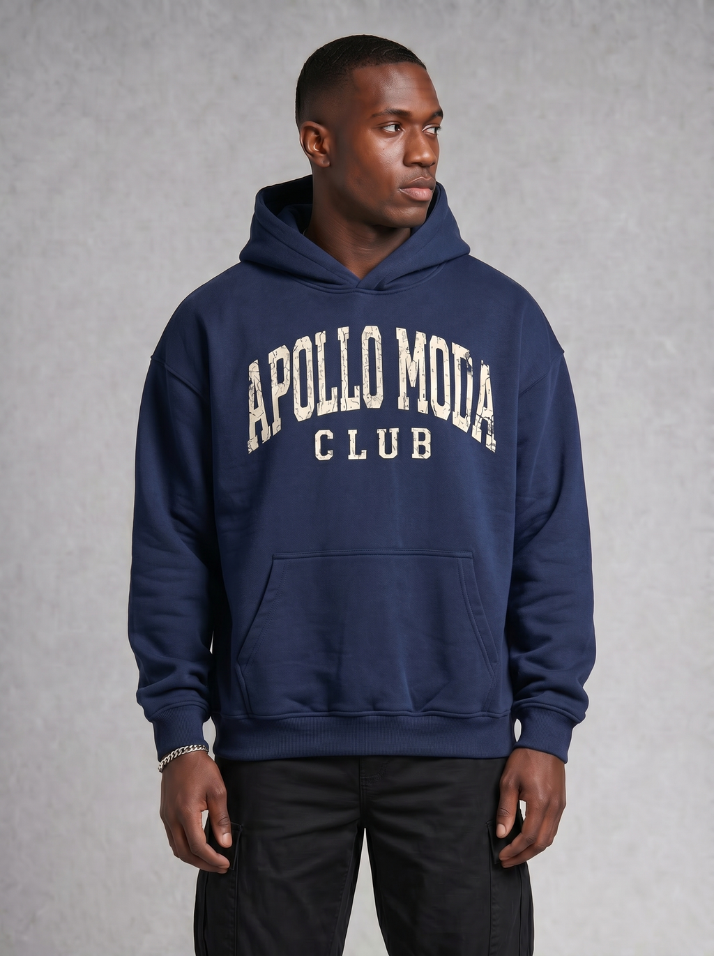 Unisex heavy fleece hoodie in navy blue with distressed collegiate arch graphic and kangaroo pocket.