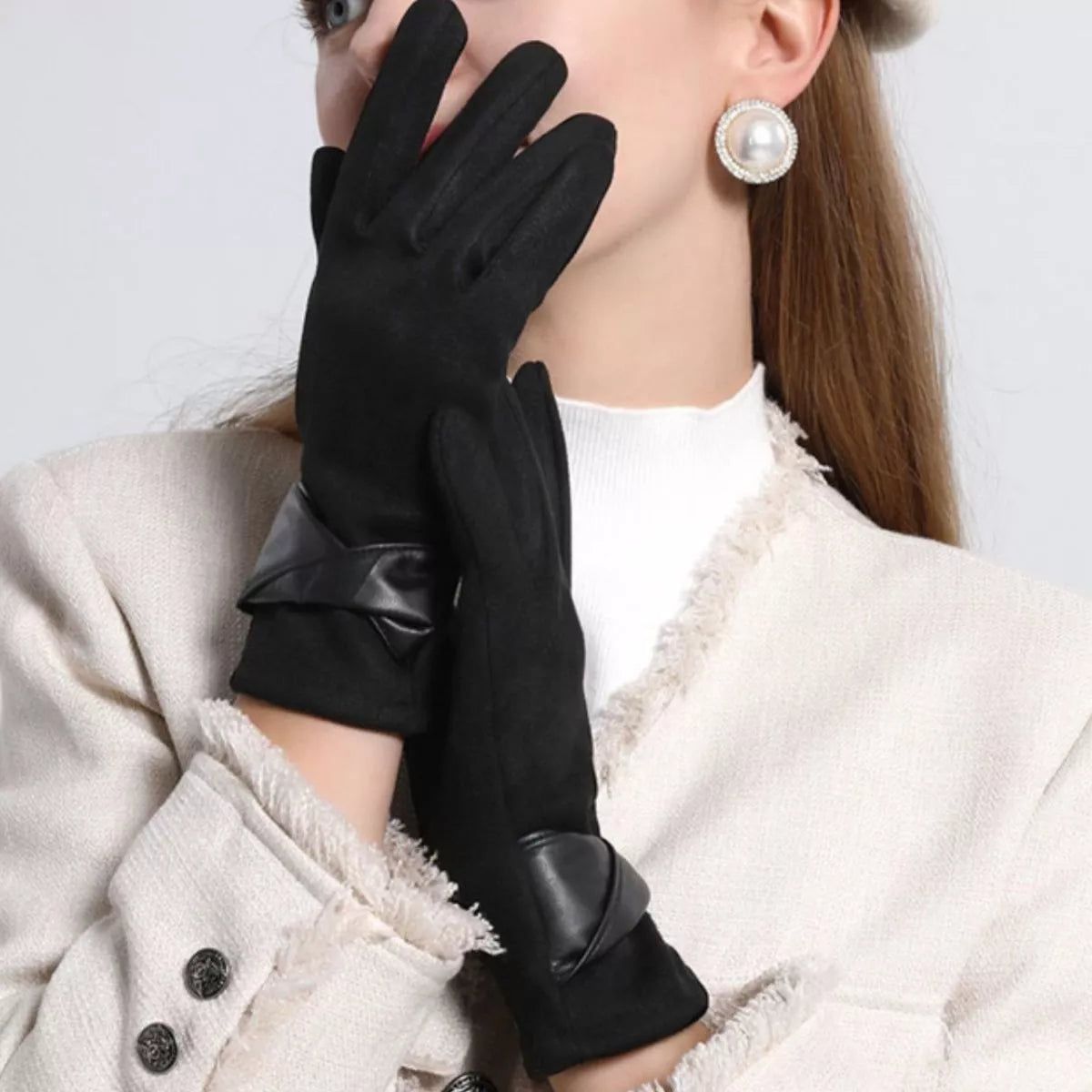Warm Leather Trimmed Suede Gloves