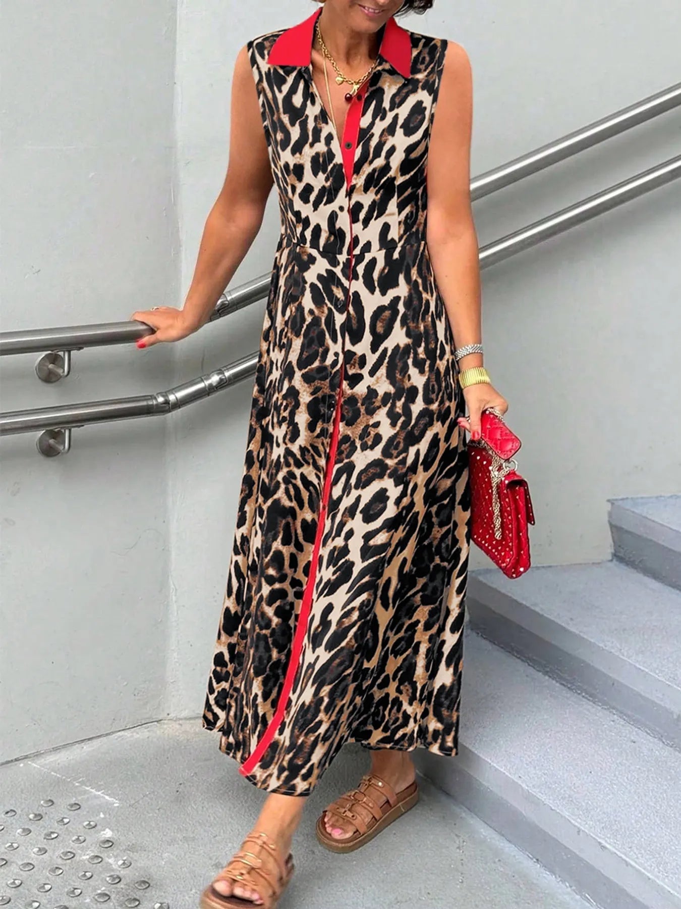 Plus Size Leopard Print Sleeveless Maxi Dress