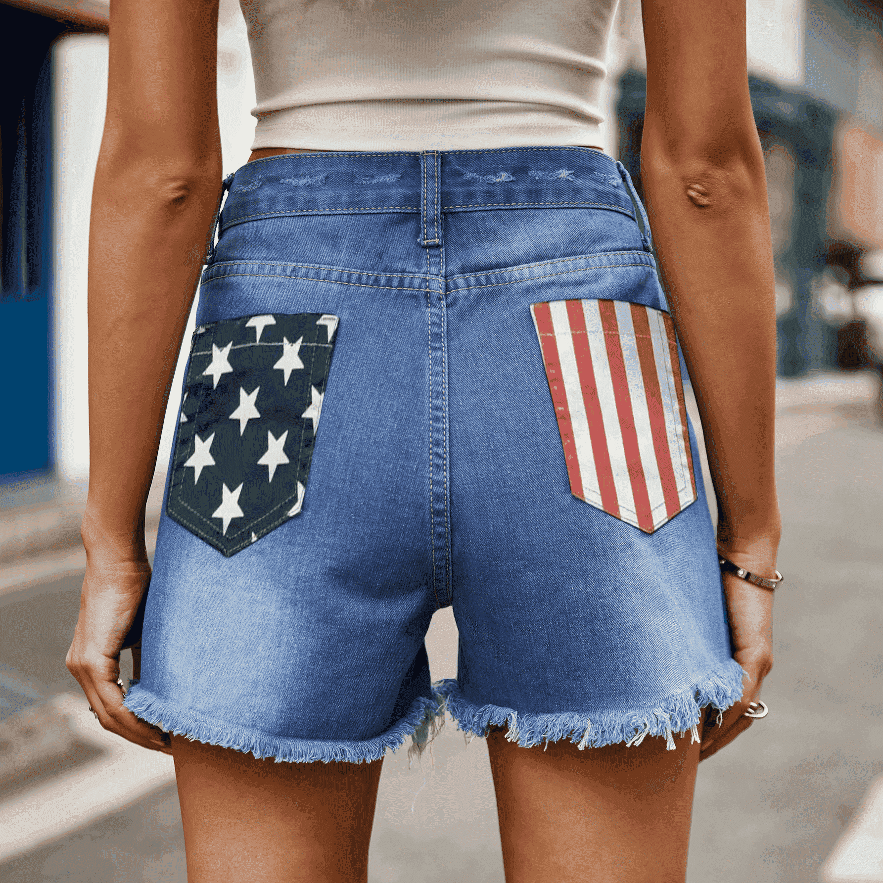 Blue Distressed US Flag Denim Shorts Casual Chic Summer Bottoms - Image 4