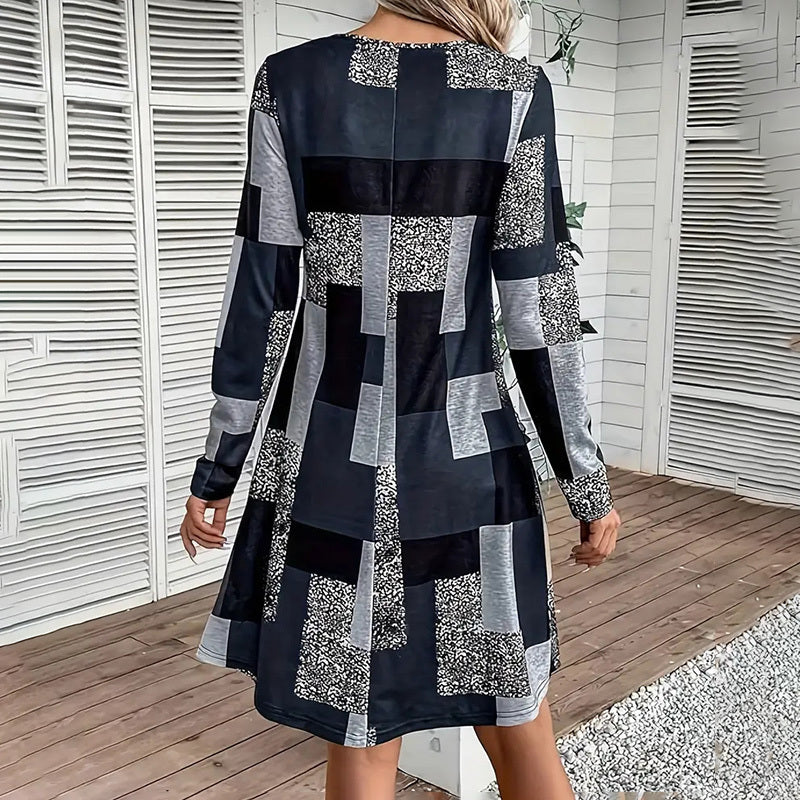 Women's Round Neck Long Sleeve Patchwork Print Casual Dress - Image 4