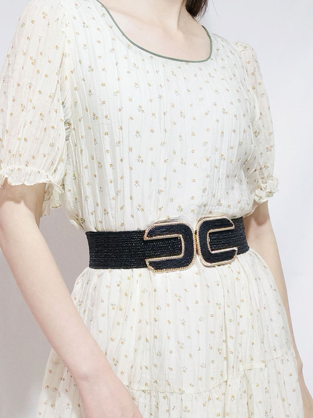 Wide Braid Stretch Belt with Statement Buckle in Sage Green