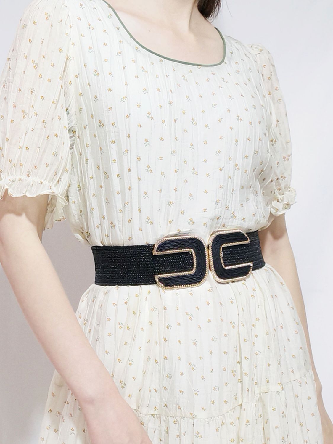 Wide Braid Stretch Belt with Statement Buckle in Sage Green