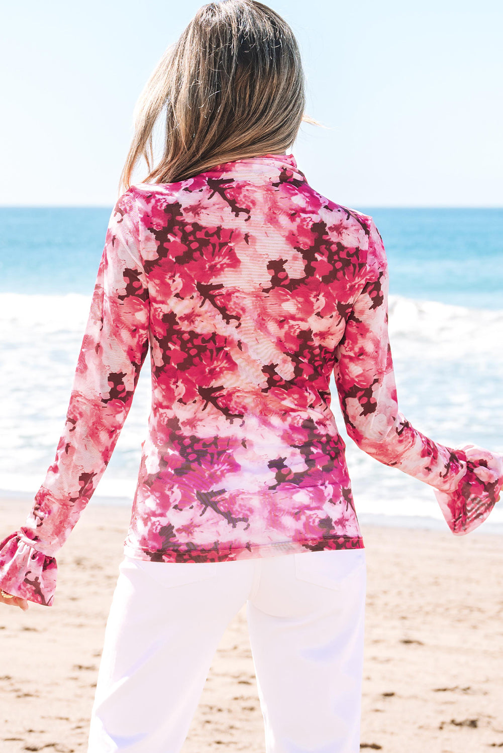 Floral Mesh Flounce Sleeve Mock Neck Blouse