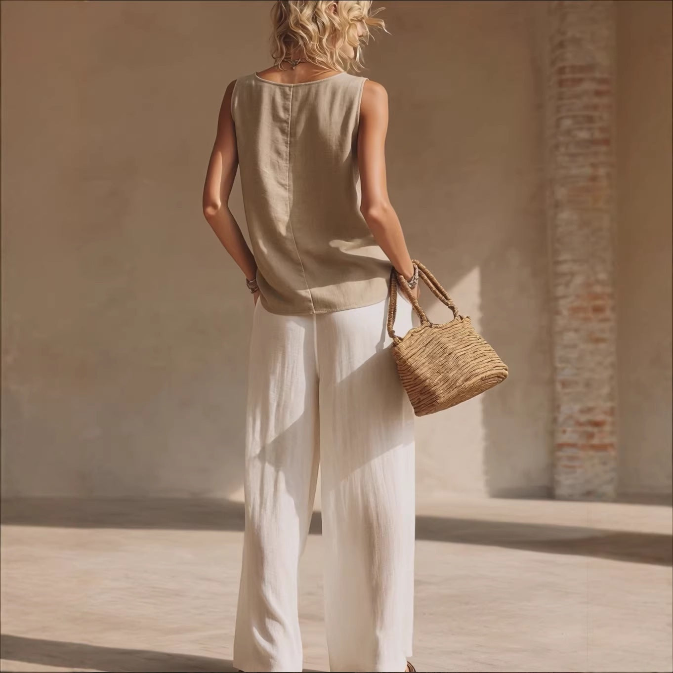 Women's Sleeveless Button-Down Top and Wide Leg Pants Set - Image 5