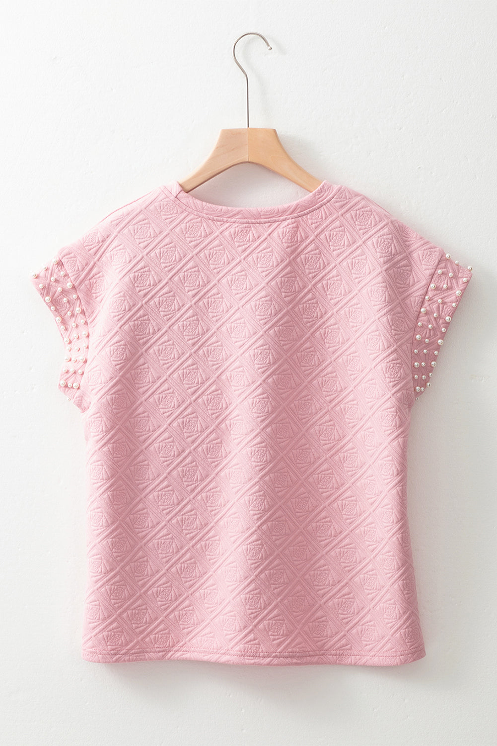 Light Pink Pearl Embellished Flower Textured T-Shirt