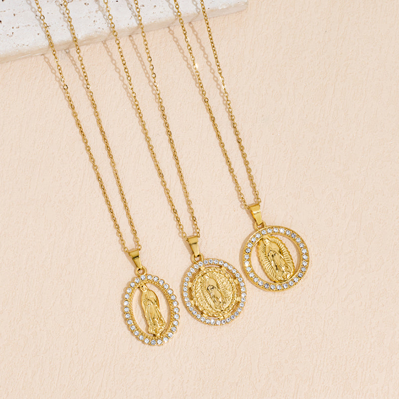 Stainless steel pendant necklace featuring a rhinestone-encrusted Virgin Mary figure.