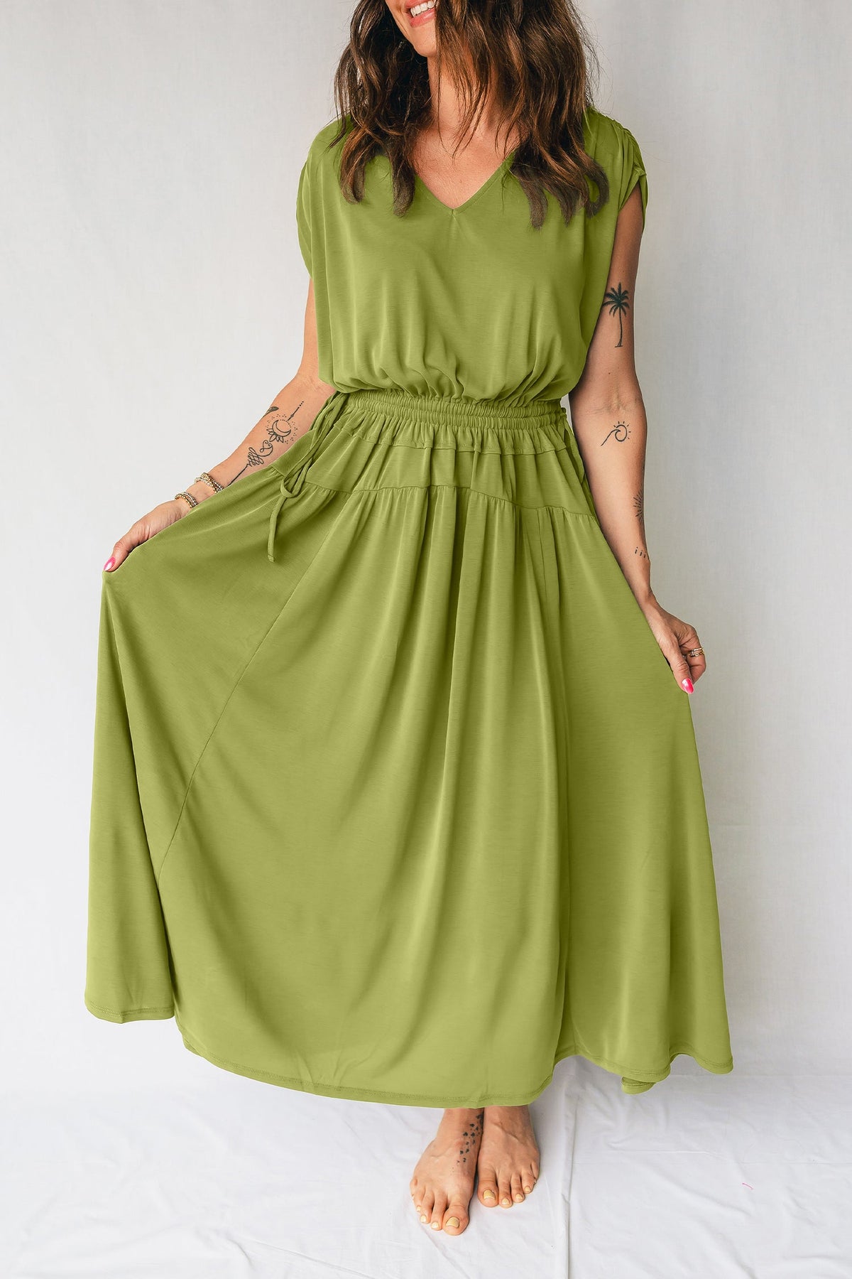 Solid V-Neck Cap Sleeve Elastic Waist Dress