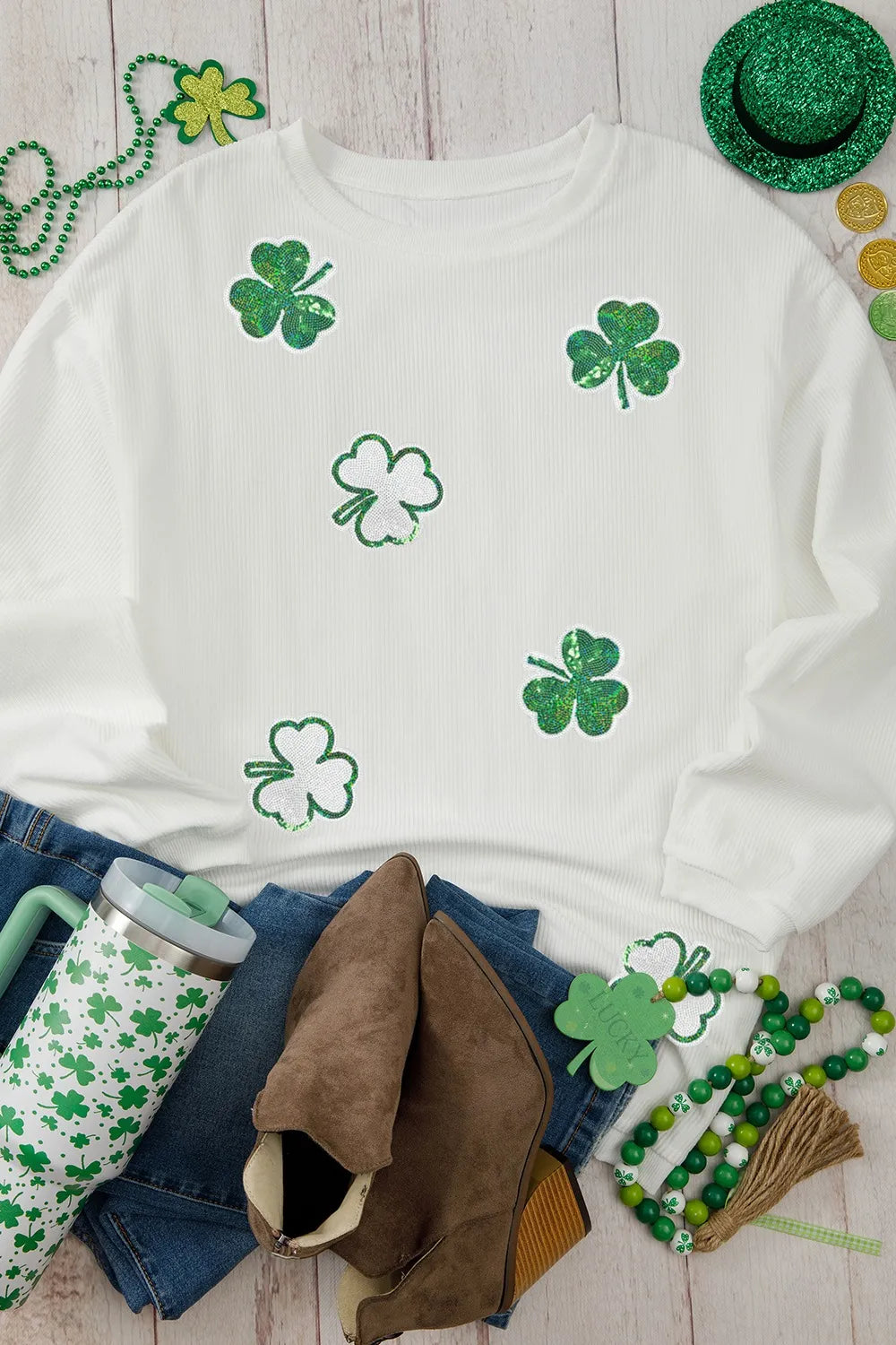 Sequin Lucky Clover Round Neck Long Sleeve Sweatshirt