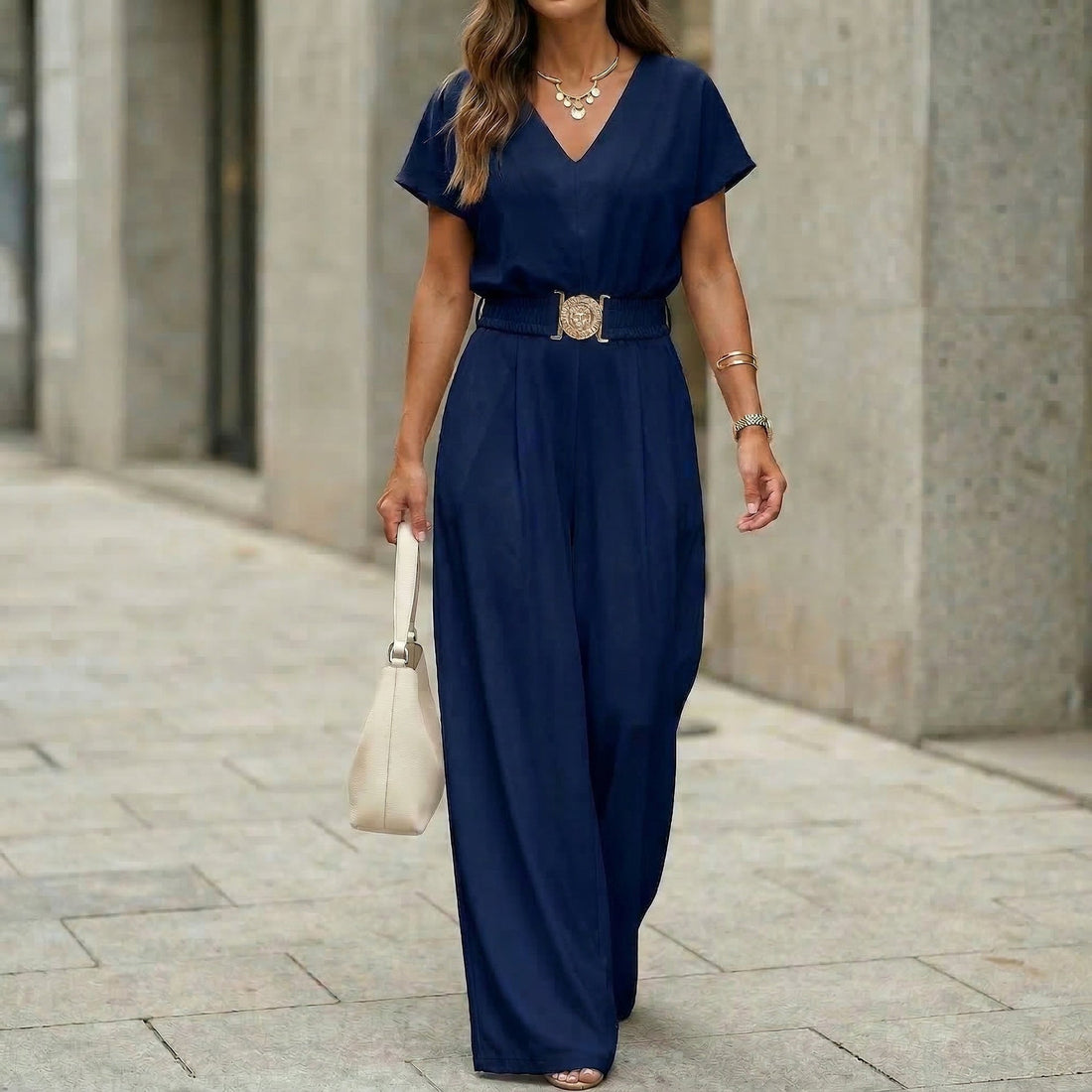 Women's V-Neck Belted Wide-Leg Jumpsuit in Navy Pink Black - Image 4