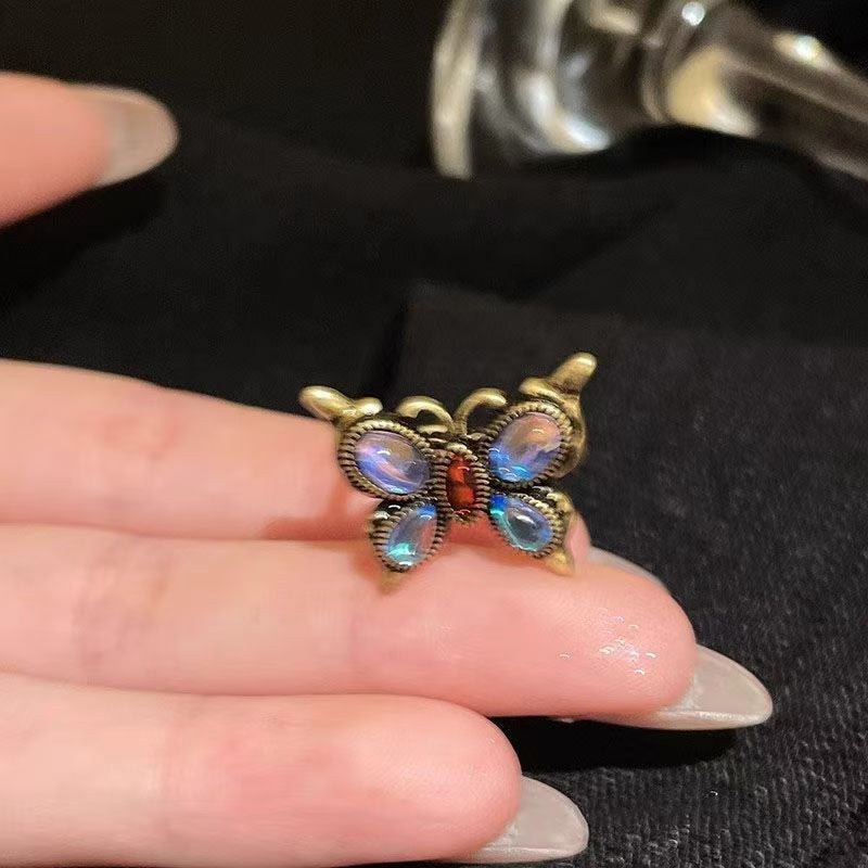 Vintage Butterfly Ring With Moonstone, Antique Gold Plated Adjustable Statement Ring For Women
