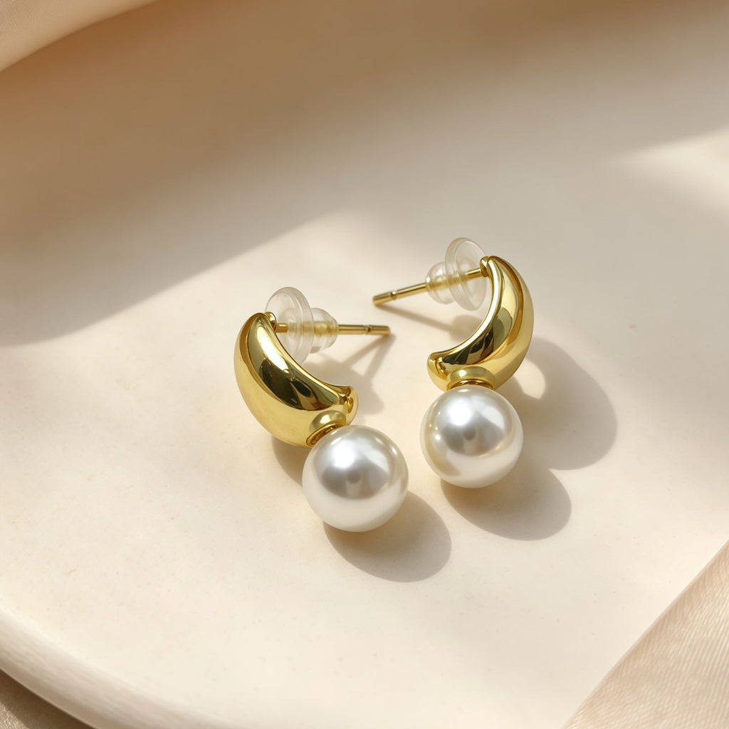 Womens French Style Two Way Wear Pearl Dangle Earrings,Gold Tone Plated Costume Earrings For Daily Party Wear
