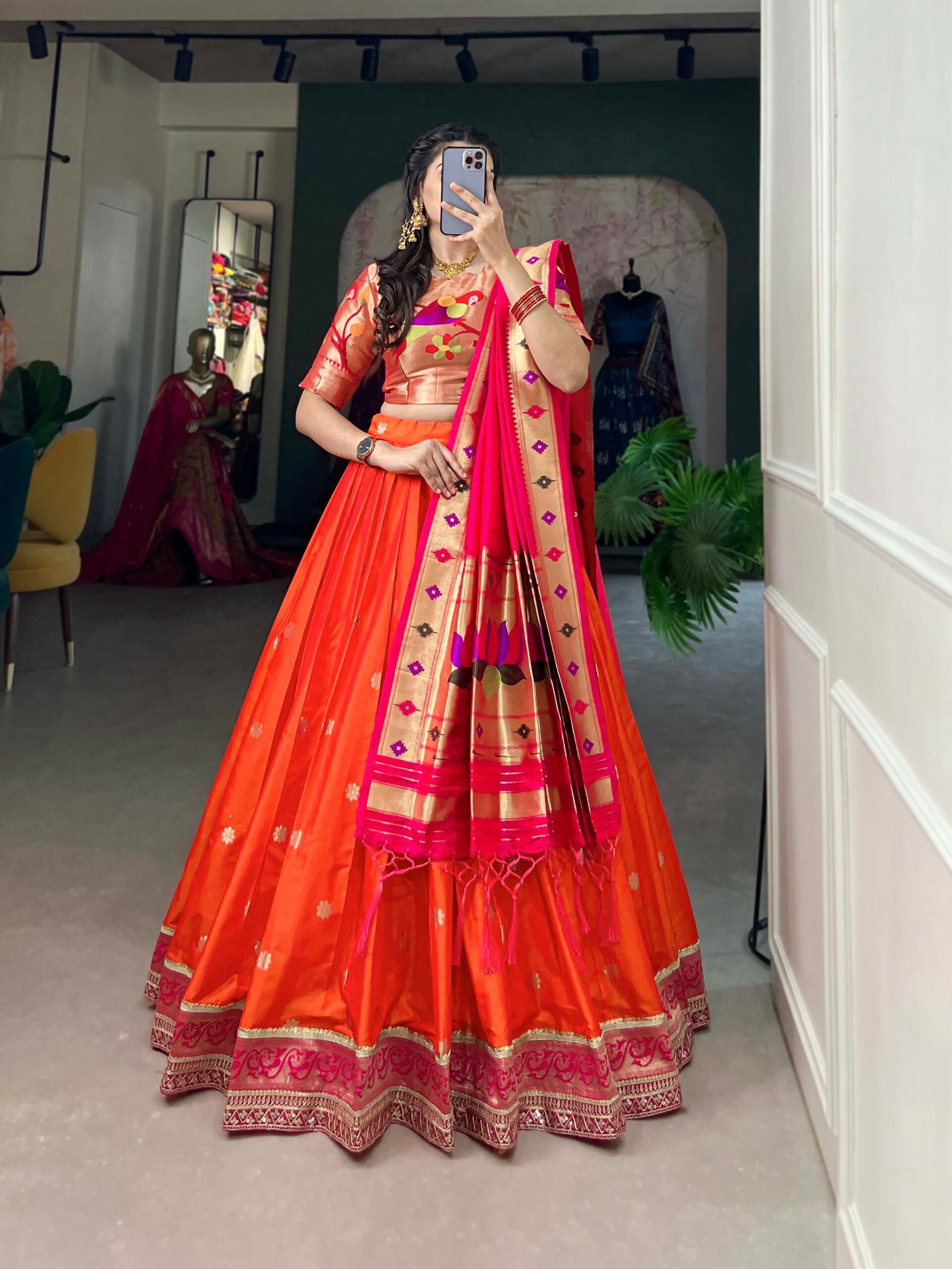 Red Paithani Lehenga Choli in Jacquard Silk for Festive Wear