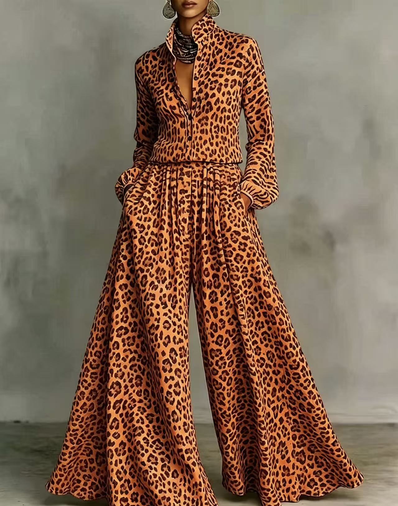Leopard Print Wide-Leg Pants Set - Bohemian Casual Two-Piece