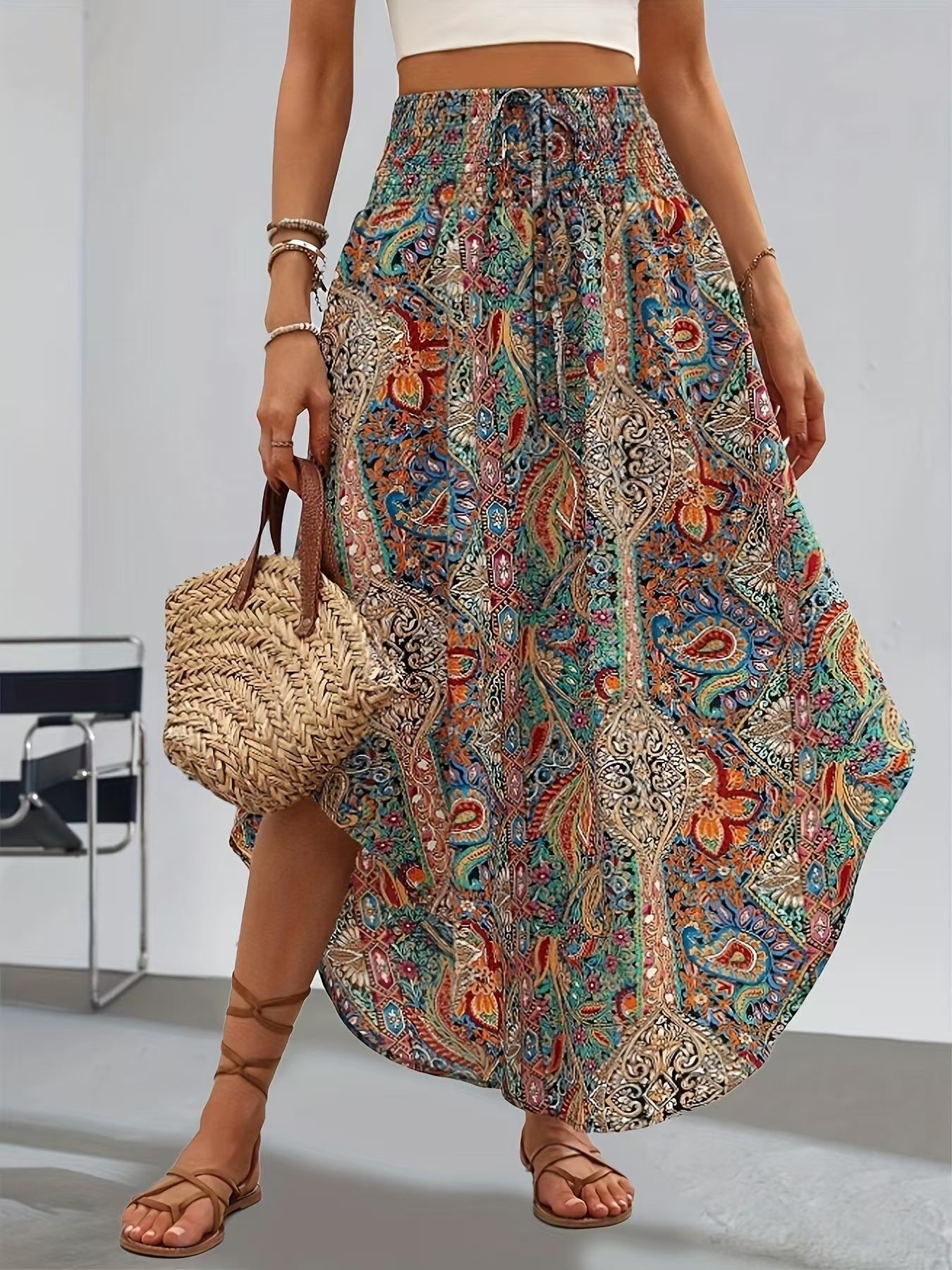 Floral Print A-Line Casual Skirt, Botanical Patterned Midi Skirt