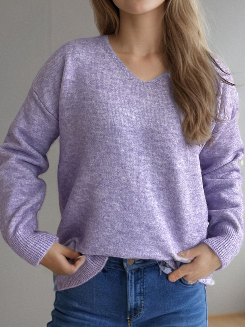 Women's V-Neck Dropped Shoulder Long Sleeve Knit Sweater - Image 22