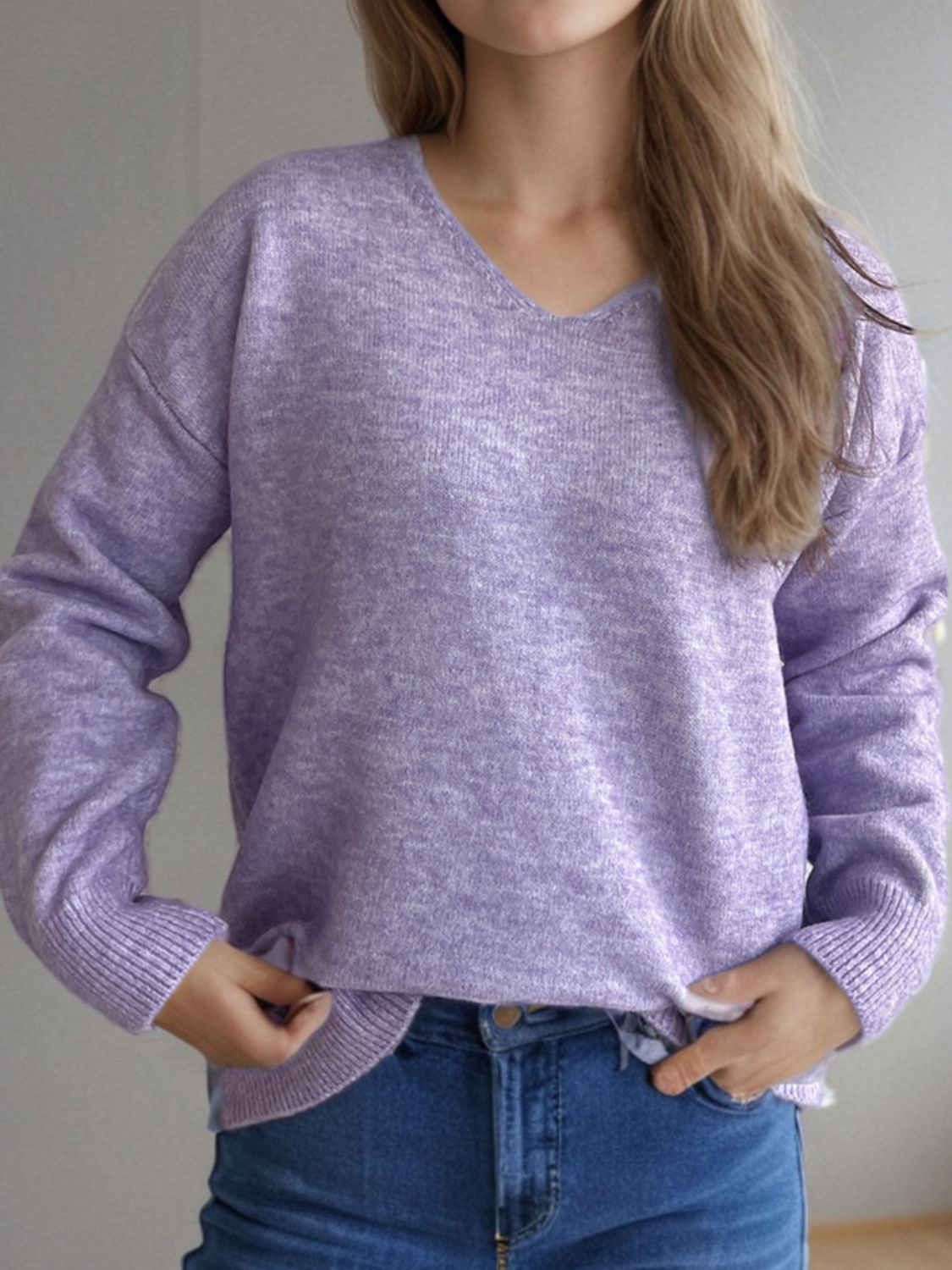 Women's V-Neck Dropped Shoulder Long Sleeve Knit Sweater - Image 22
