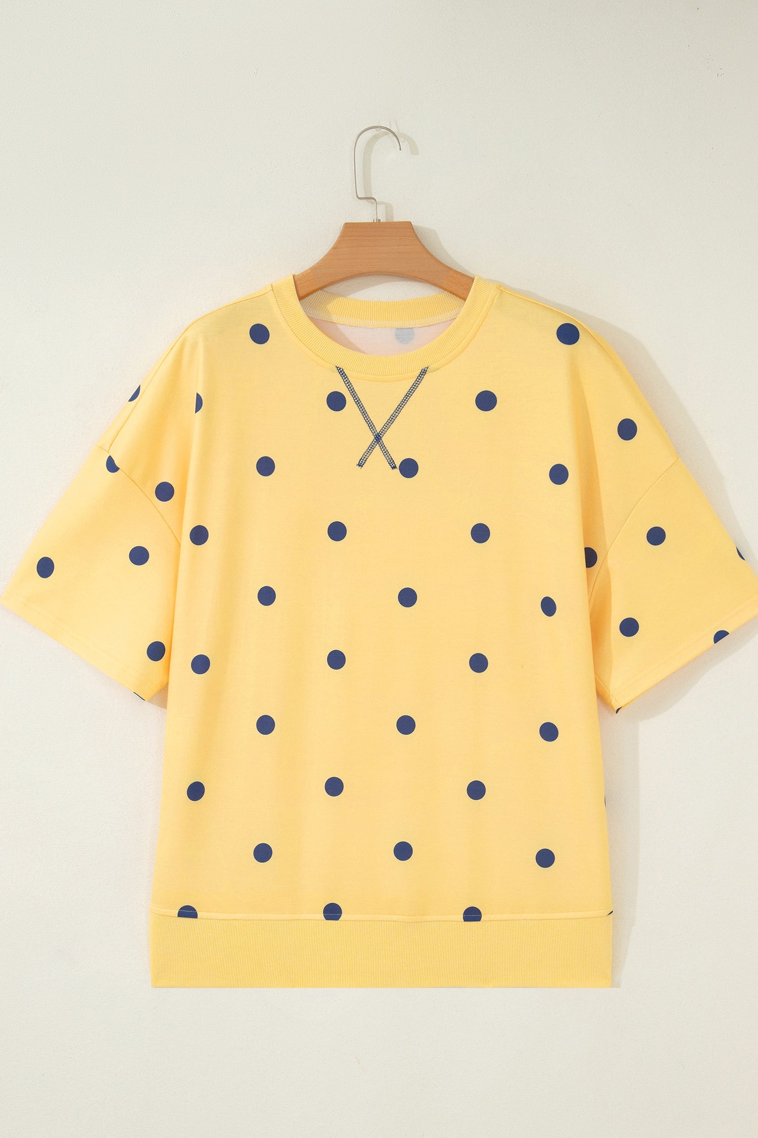 Retro Polka Dot Oversized Cotton Tee with Decorative Neckline