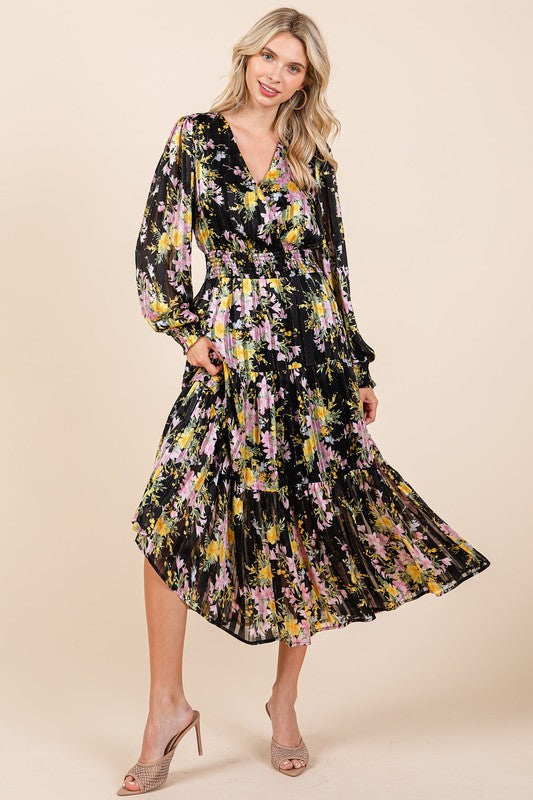 Floral Print Satin Lurex Stripe Smocked Midi Dress