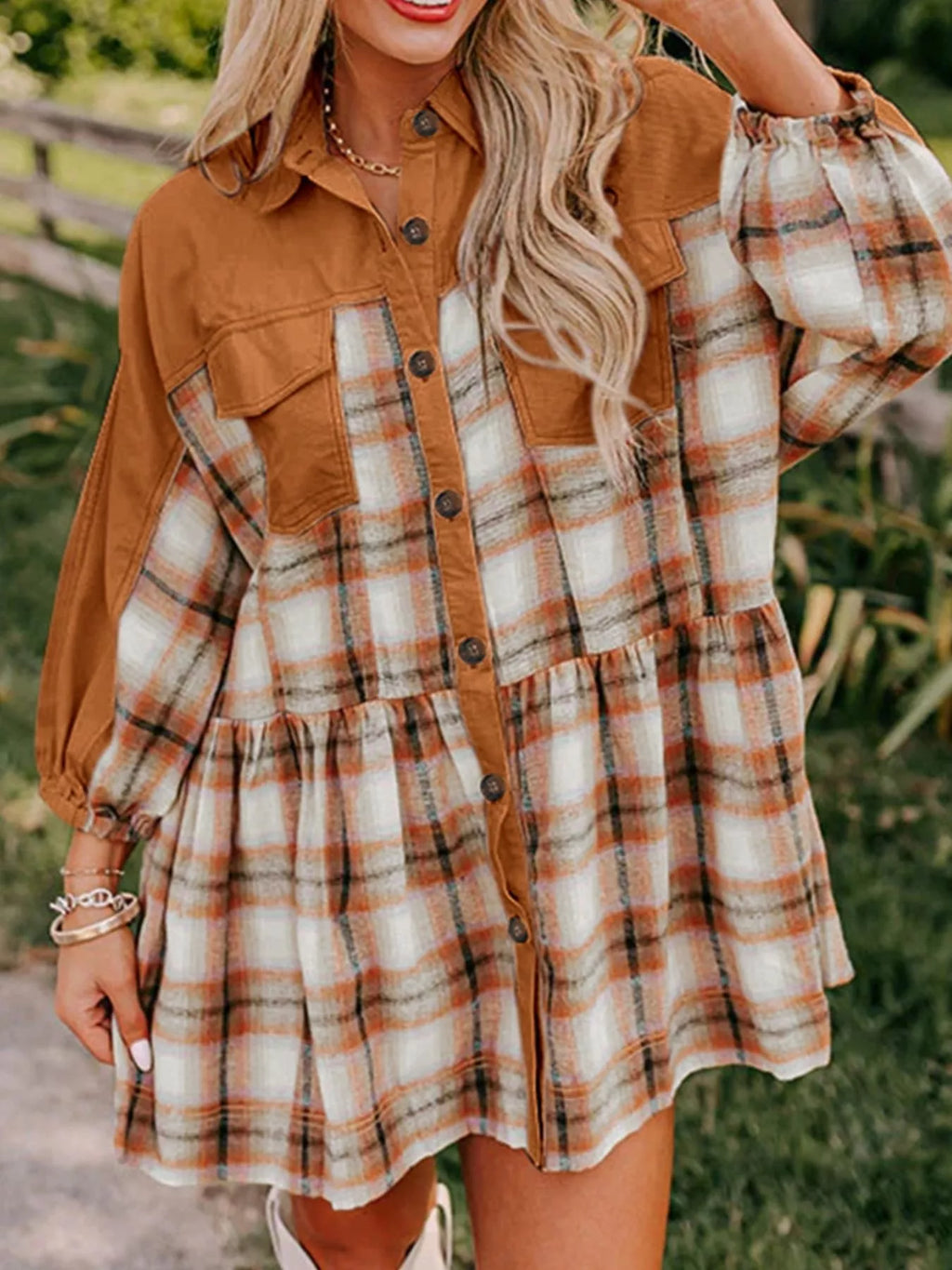 Plaid Button Front Mini Dress with Solid Panel Detail - Image 3