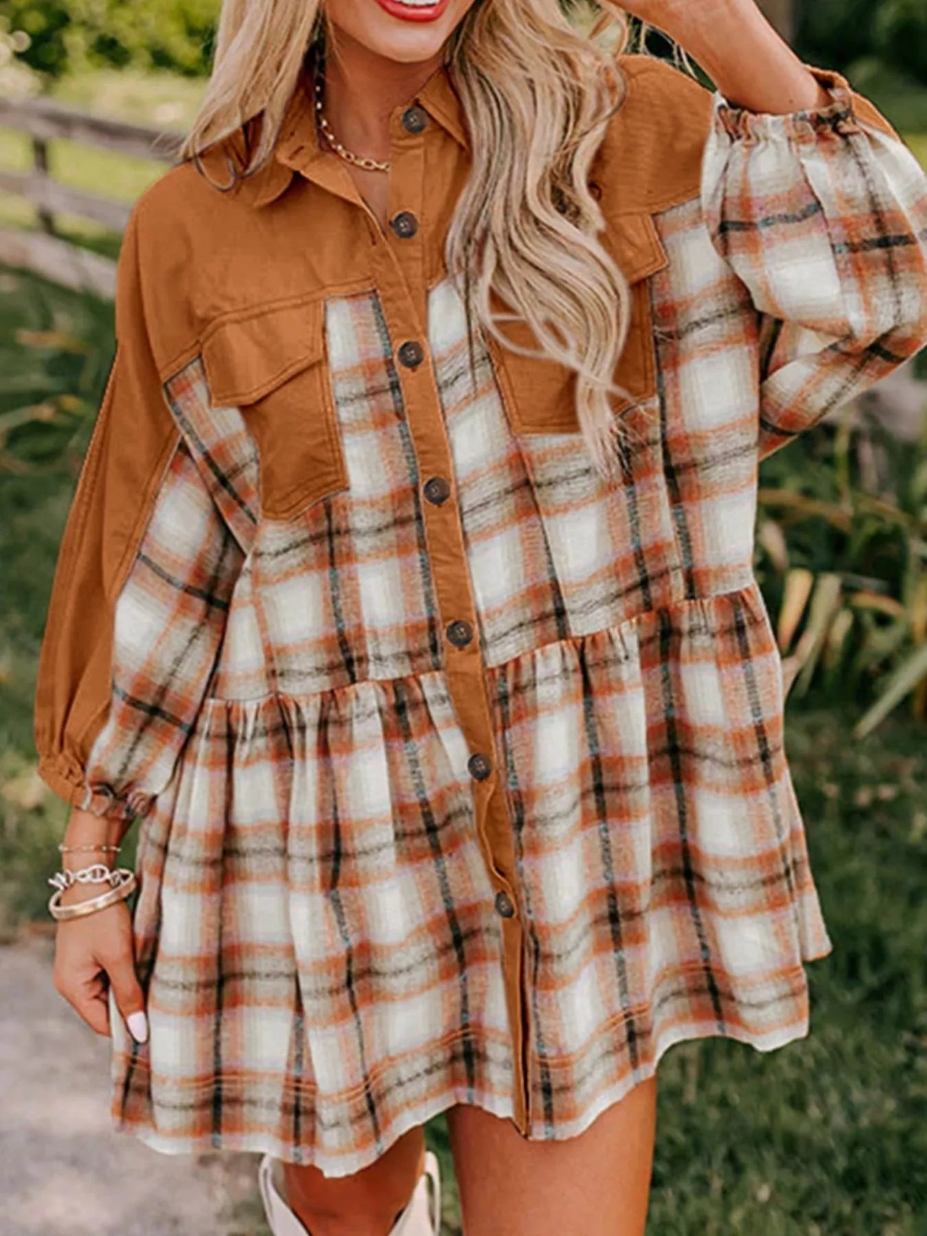Plaid Button Front Mini Dress with Solid Panel Detail - Image 3