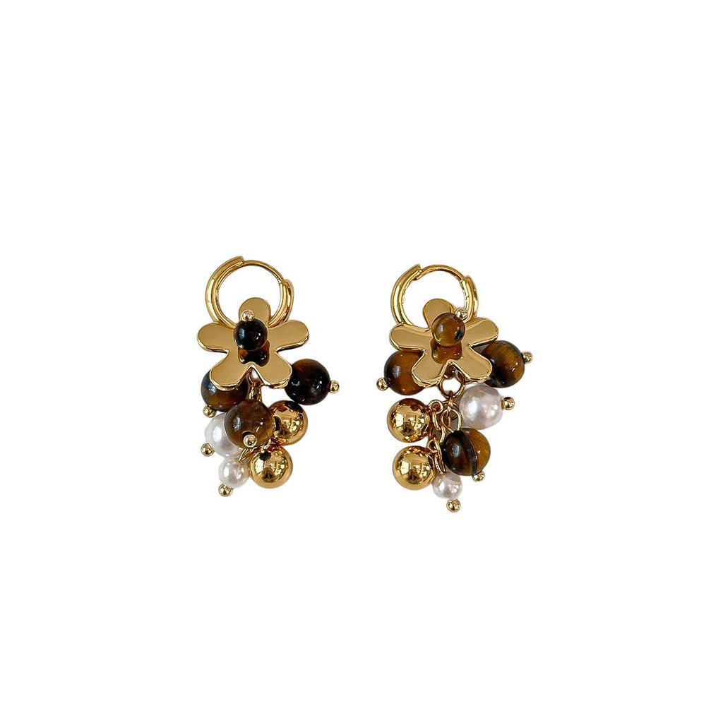Elegant And Fashionable Tigers Eye Stone Earrings Flower-shaped Ear Clips