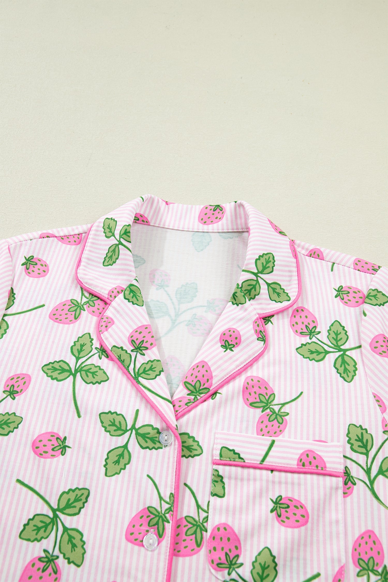 Strawberry Stripe Lapel Shirt & Drawstring Shorts Loungewear Set