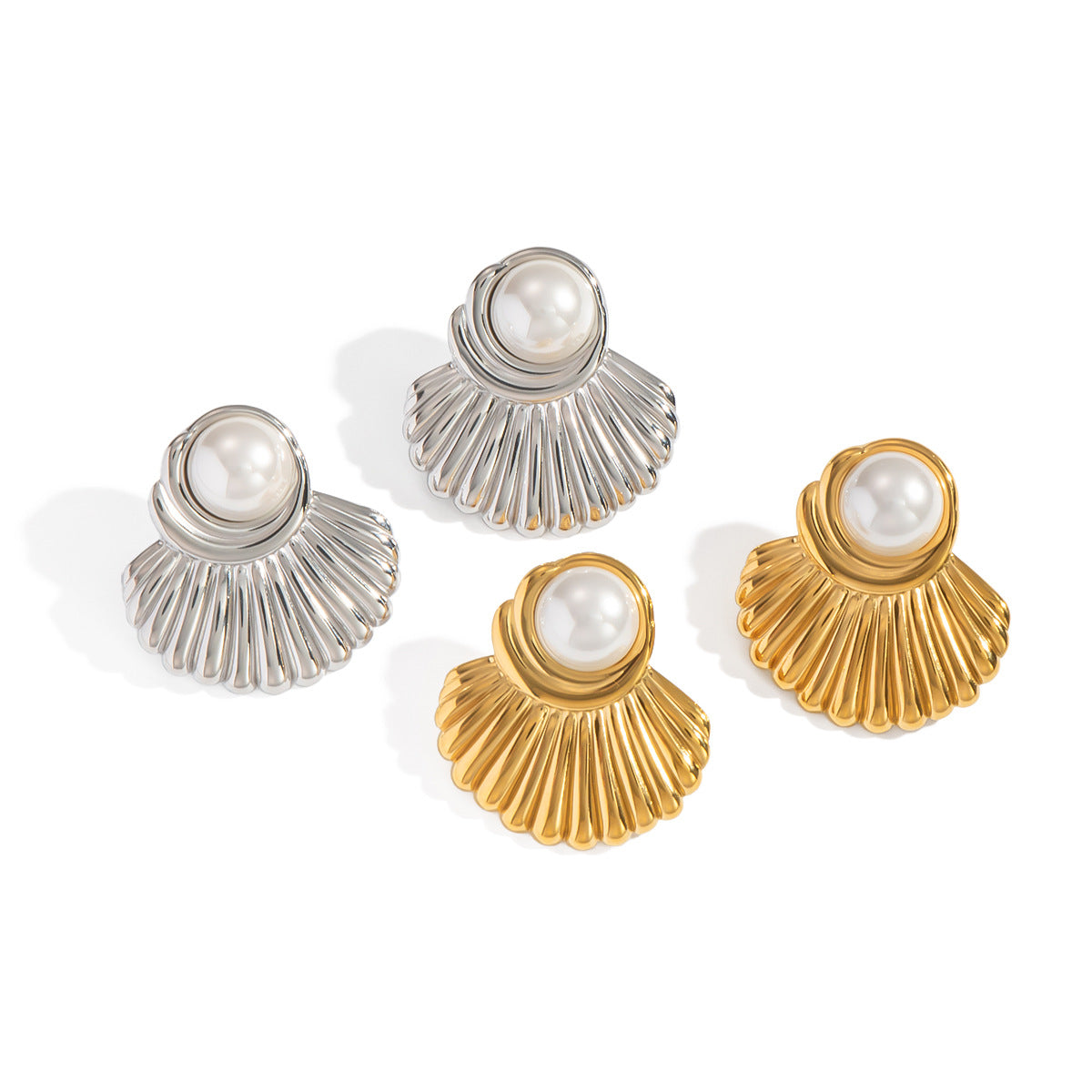 Fan-shaped Striped Stud Earrings For Women With Faux Pearl Inlay And Made Of Stainless Steel
