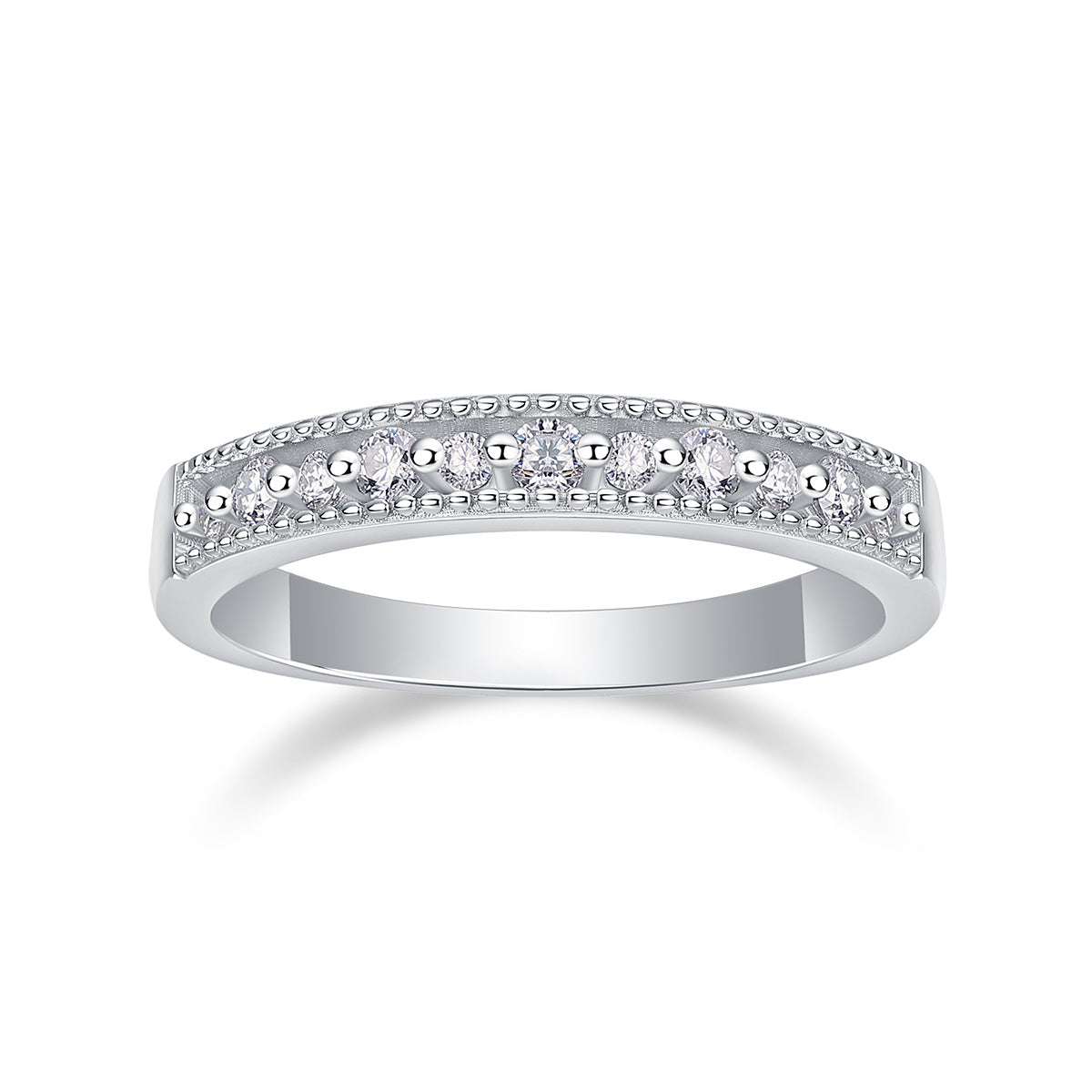 S925 Silver 2.5g Platinum Plated Moissanite Ring, 2.8mm Milgrain Stackable Band, GRA Certified US 5-9