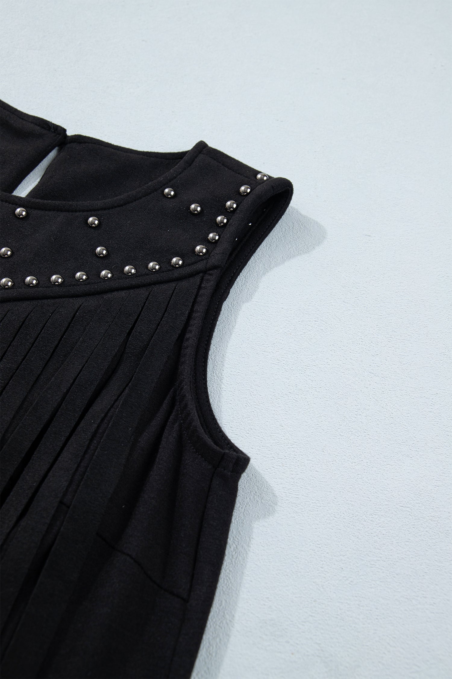 Black Sleeveless Bust Paneling Top with Fringe and Rivets