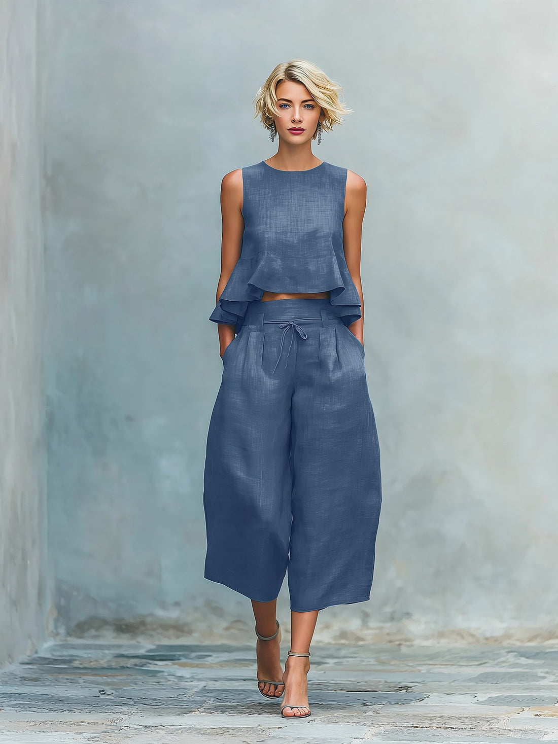 Women's Linen-Blend Sleeveless Ruffled Top and Cropped Pant Set