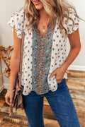 Aria Boho Pattern Ruffled Sleeve V Neck Buttoned Blouse
