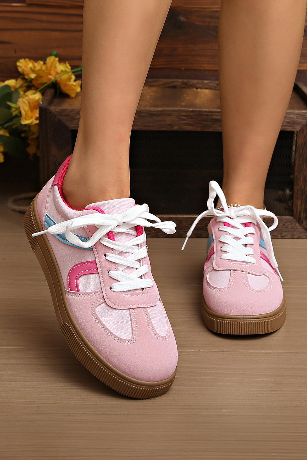 Pink Striped Patchwork Lace Up Sneakers | PU Leather