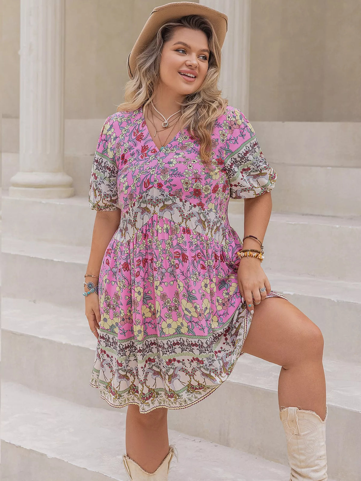 Plus Size Floral Print V-Neck Puff Sleeve Summer Dress