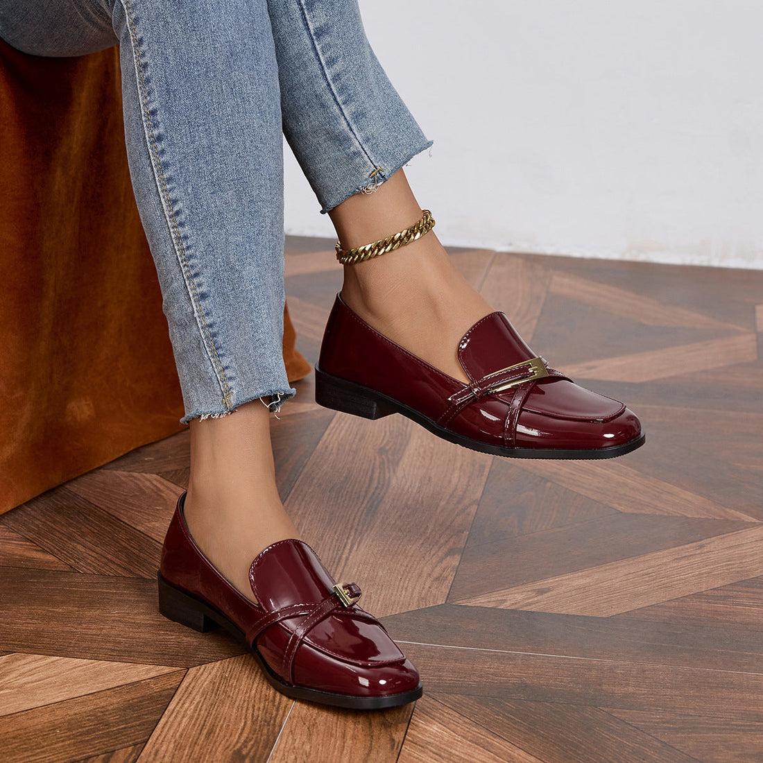 Women's Glossy Patent Leather Square Toe Loafers with Buckle