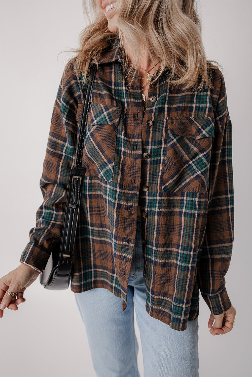 Women's Brown Plaid Button-Up Shacket with Chest Flap Pockets - Image 6